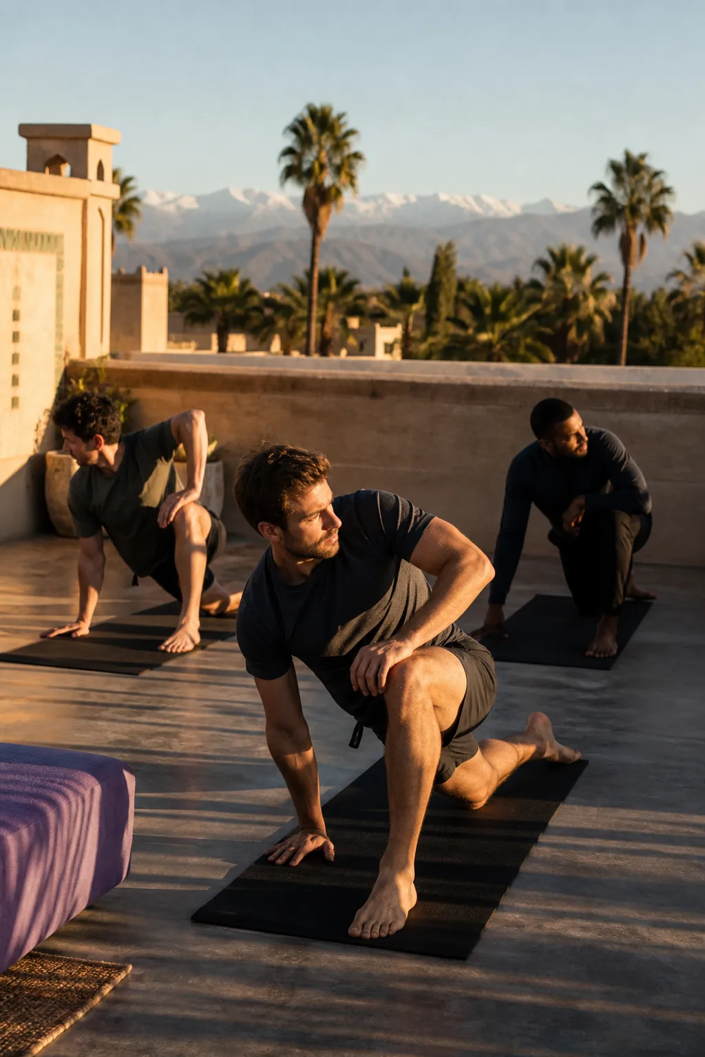 Men practising movement on a Marrakech rooftop