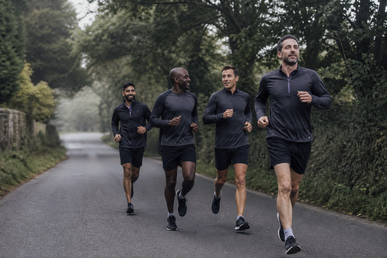 A group of men running together on a quiet road