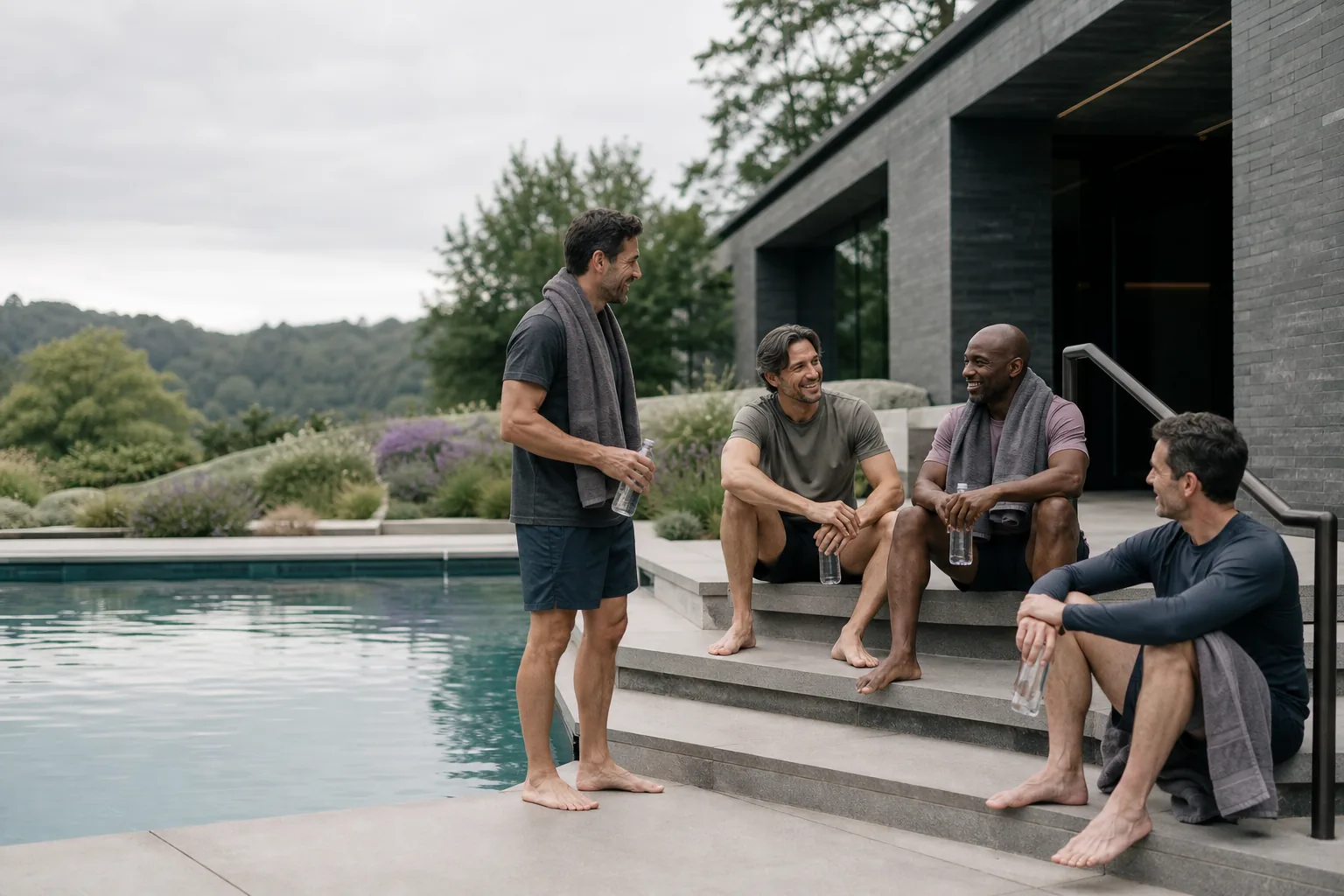 A small group of men relaxing beside a spa pool